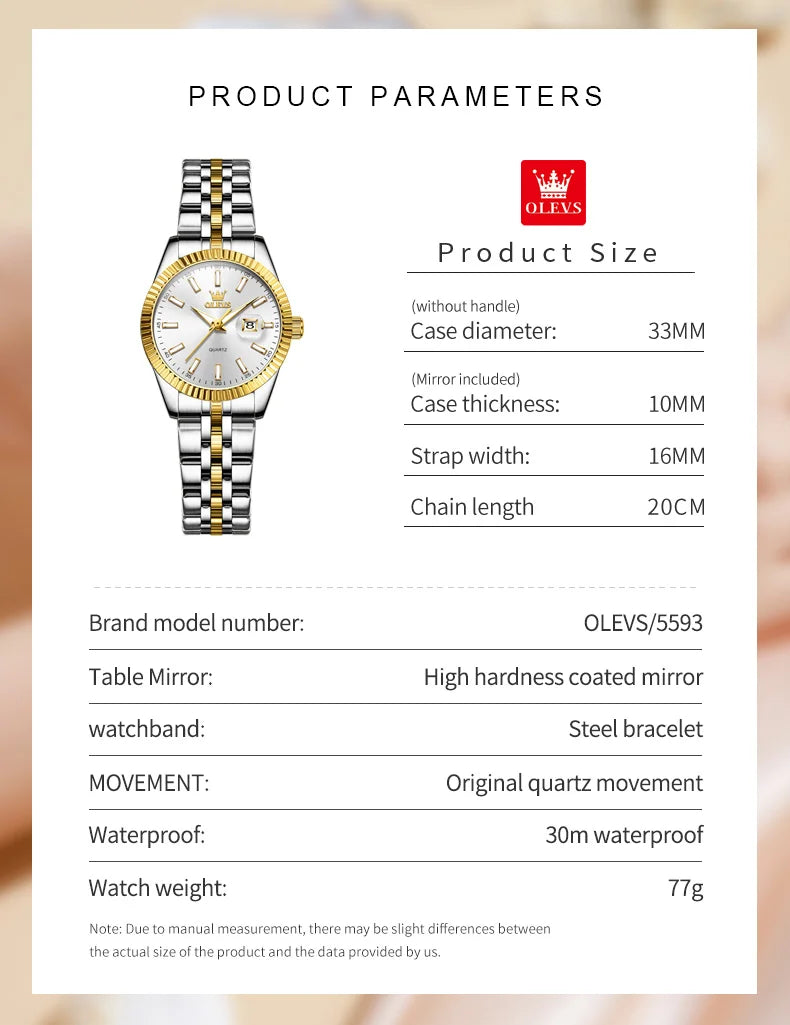 OLEVS 5593 Ladies Watches Original Luxury Quartz Wristwatch Stainless Steel Waterproof Luminous Day Date Watch Bracelet Set ﻿