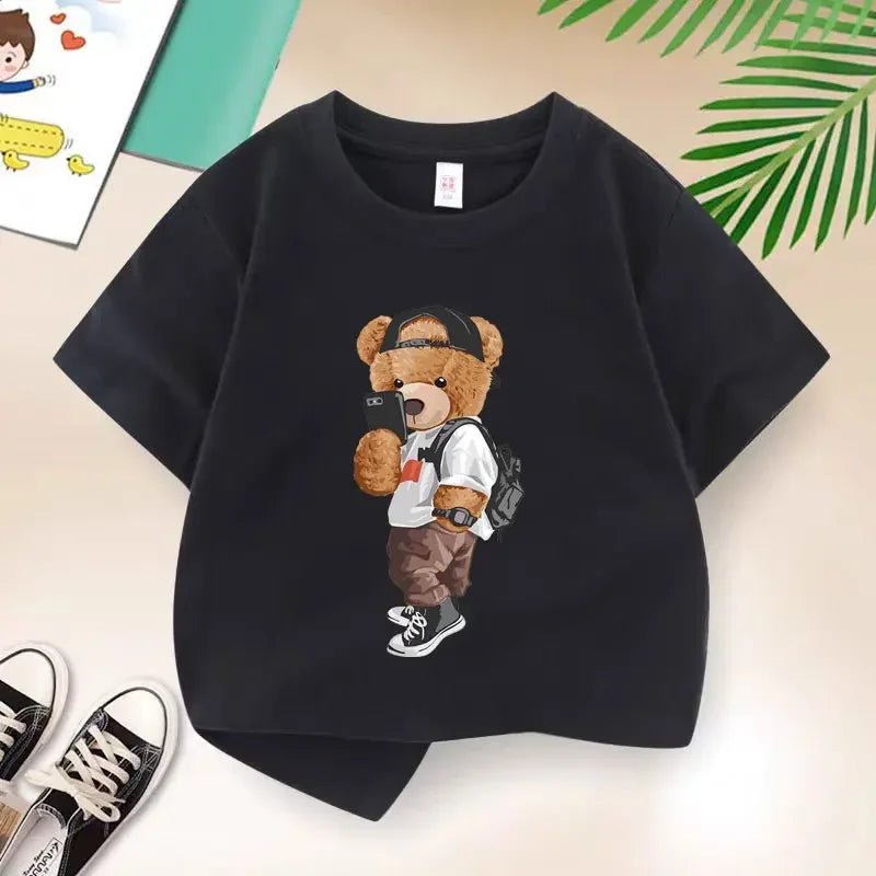 New 2026 Summer Fashion Children's Cool Bear Cartoon T-shirt Boys T Shirt Boys Clothes Print Cotton T Shirts Kids Clothes