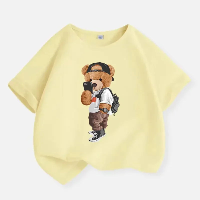New 2026 Summer Fashion Children's Cool Bear Cartoon T-shirt Boys T Shirt Boys Clothes Print Cotton T Shirts Kids Clothes