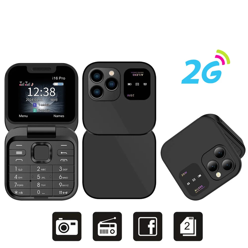 SERVO i16 Pro Mini Flip Mobile Phone Dual SIM Card Speed Dial Magic Voice Blacklist FM Radio 2G GSM Cute Foldable Cellular Phone