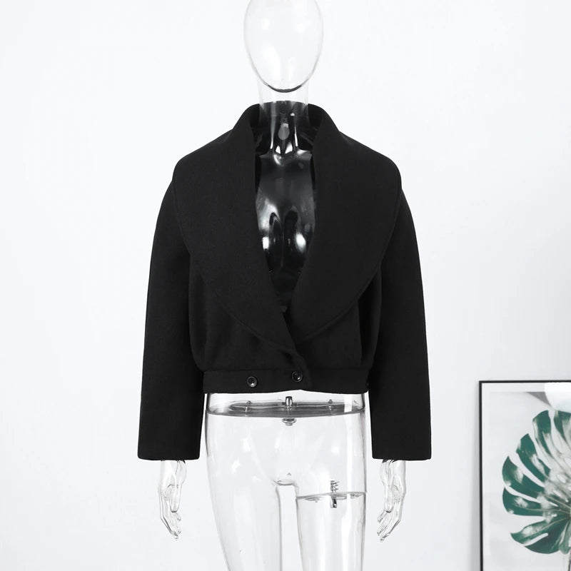 Black Stand Collar Woolen Coats Women's High Street Buttons Full Sleeve Short Overcoats 2026 Spring New Female Solid Outwear