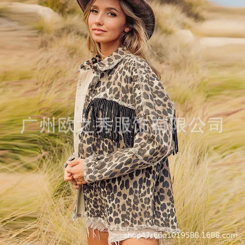 Women Spring Diamonds Beaded Tassels Washed Old Leopard Printed Denim Jacket Fringed Jeans Coat Cowboy Cardigan Streetwear Tops