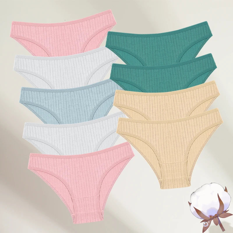 FINETOO 9PCS/SET Cotton Striped Underwear Women's Panties Sexy Soft Solid Color Briefs Female Comfortable Stretch Lingerie M-XL
