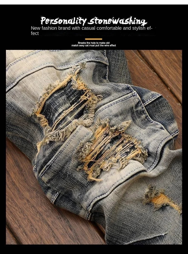 Luxury Men's Classic Jeans Straight Pants Autumn and Winter Retro Ripped Hole Denim Trousers Motorcycle Work Pants for Men