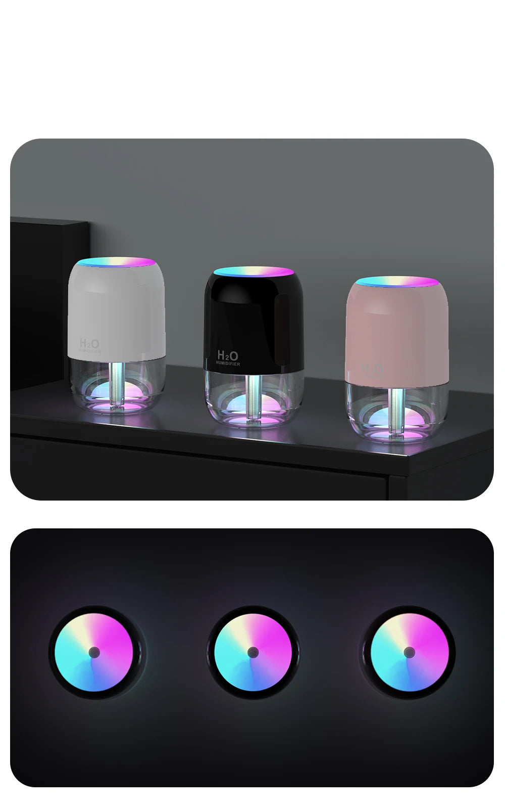 Colorful Cool Mist Mini Humidifier 300ml USB Personal Desktop Humidifiers for Car Office Home Travel, Auto Shut-Off 2 Mist Modes