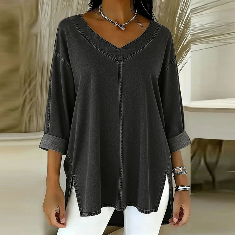 Fashion Denim Shirt Women Spring Autumn V Neck Long Sleeve T-Shirts Women Casual Loose Tee Pullover Tops Female Oversized Shirt