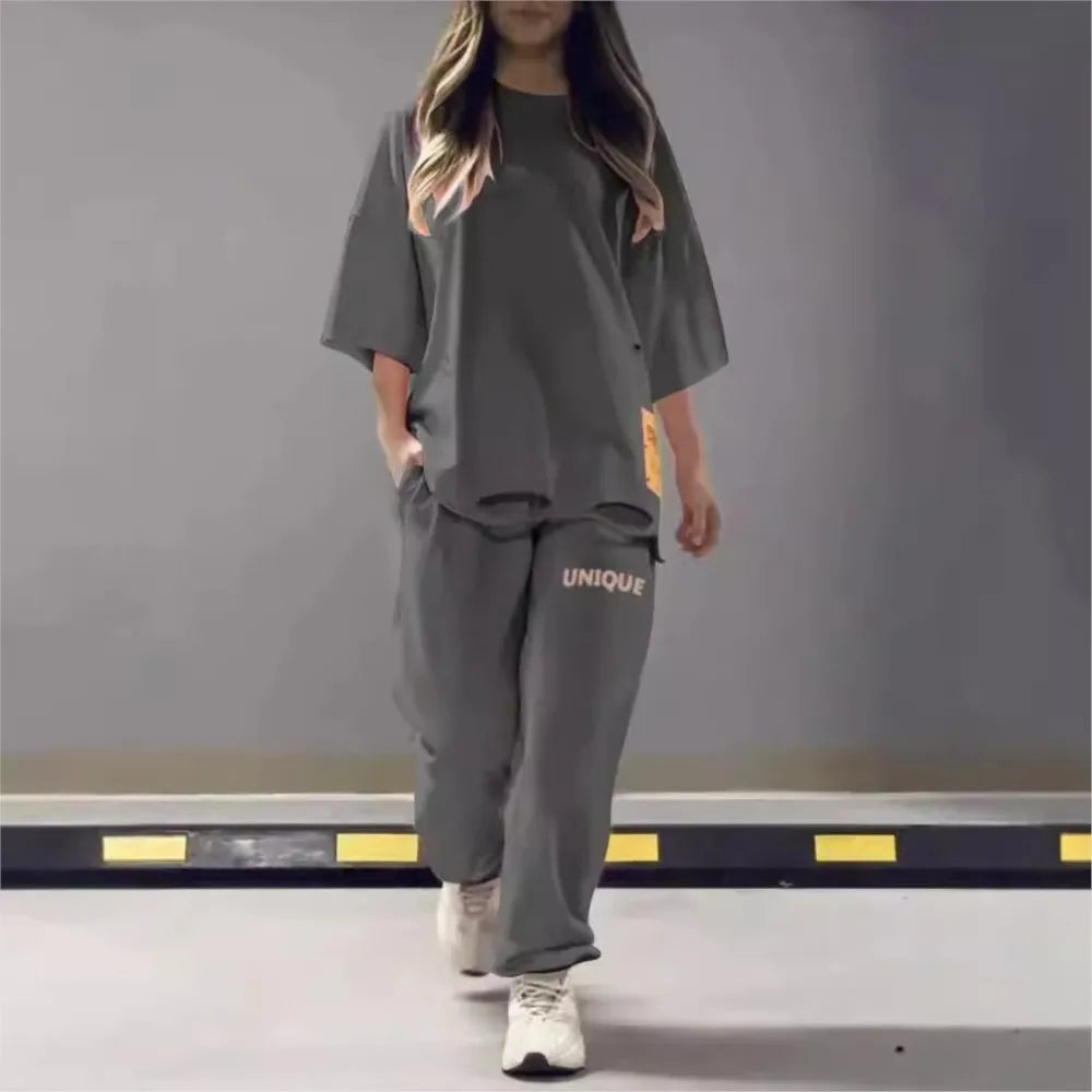 Summer New Fashion Hollowed Out O Neck T Shirt Women's 2 Piece Set Solid Color Casual Relaxed Tracksuit Pants Pocket Female Suit