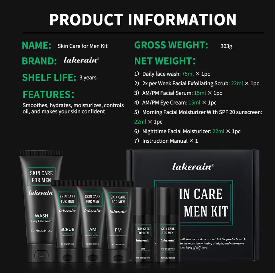 Lakerain Skin Care for Men Kit Oil Control Skin Firming Increase Hydrate Deep Cleaning Face 7 PCS Per Set Travel Skin Care Kit