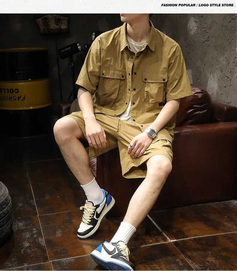 Trendy Cargo Summer Clothes Set Men Short Sleeve Shirt with Pockets And Shorts Solid Casual Safari Outdoor Outfits