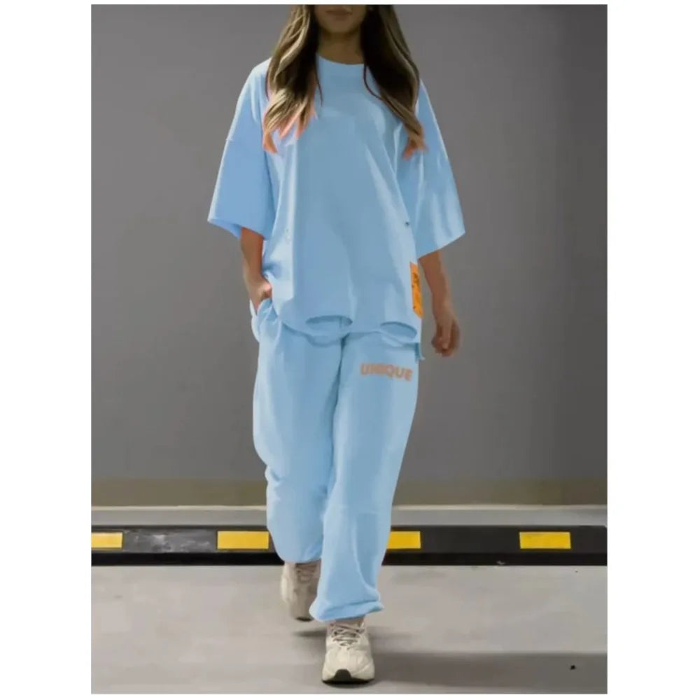 Summer New Fashion Hollowed Out O Neck T Shirt Women's 2 Piece Set Solid Color Casual Relaxed Tracksuit Pants Pocket Female Suit