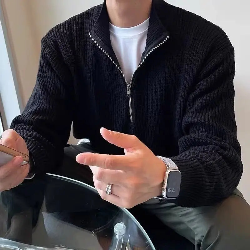 American Fashion Brand Design Korean Style Stand Collar Half Zipper Sweater Men's Temperament Versatile Knitted Sweater
