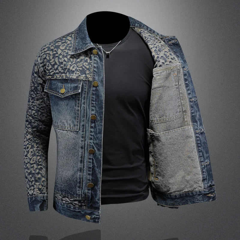 High Quality Jacquard Spliced Denim Jacket for Men Casual Business Social Denim Social Streetwear Jacket Outwear Coat 2025