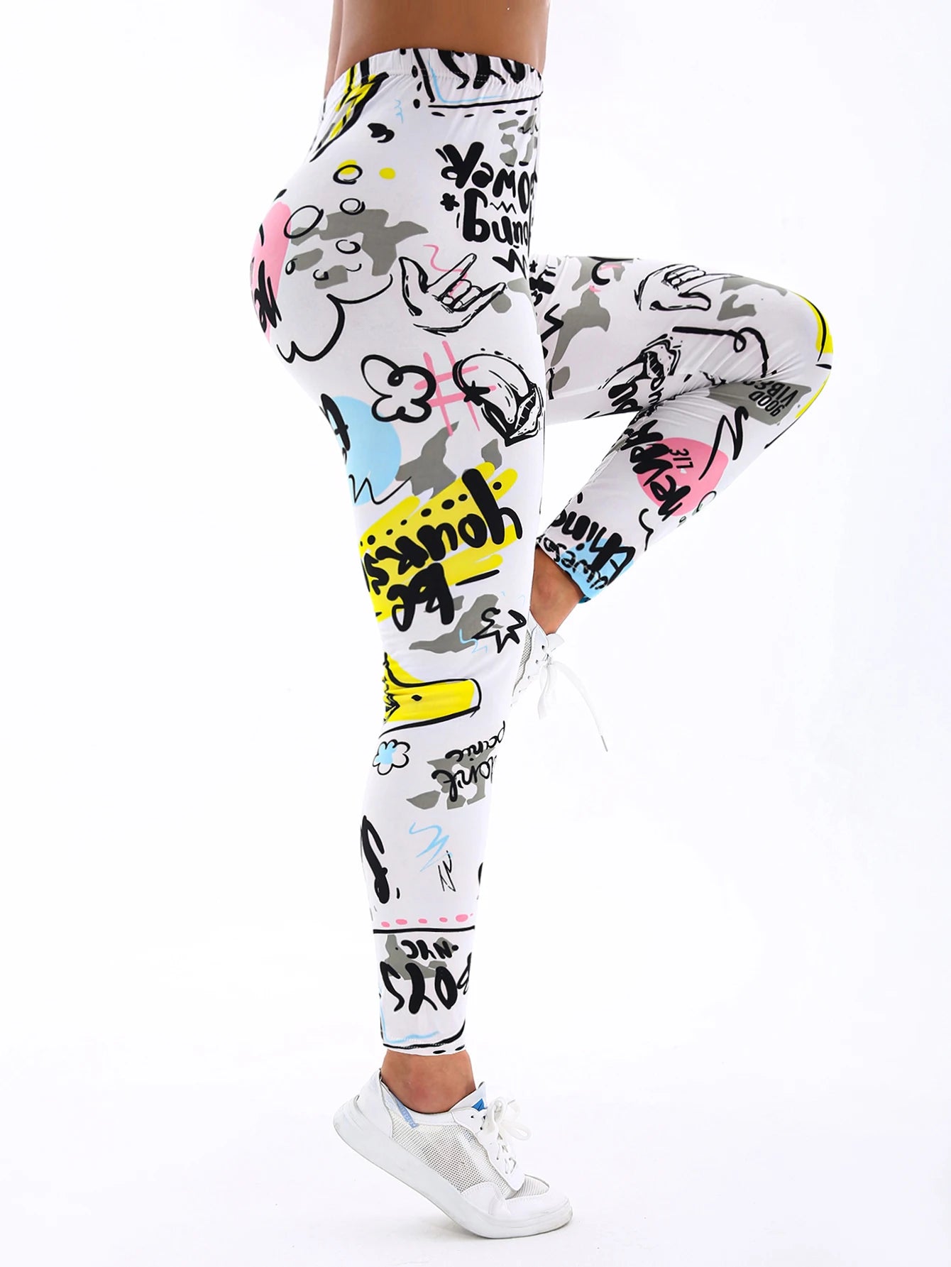 White And Yellow Letter Printed Casual Tight Pants For Women High Elasticity Fitness And Yoga Pants Sexy Nine Point Pencil Pants