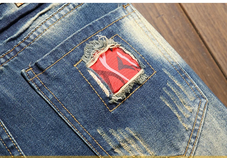 2025 Summer Ripped Denim Shorts Men's Loose Splicing Knee-length Casual Short Jeans Personality Streetwear Hip Hop Male Clothes