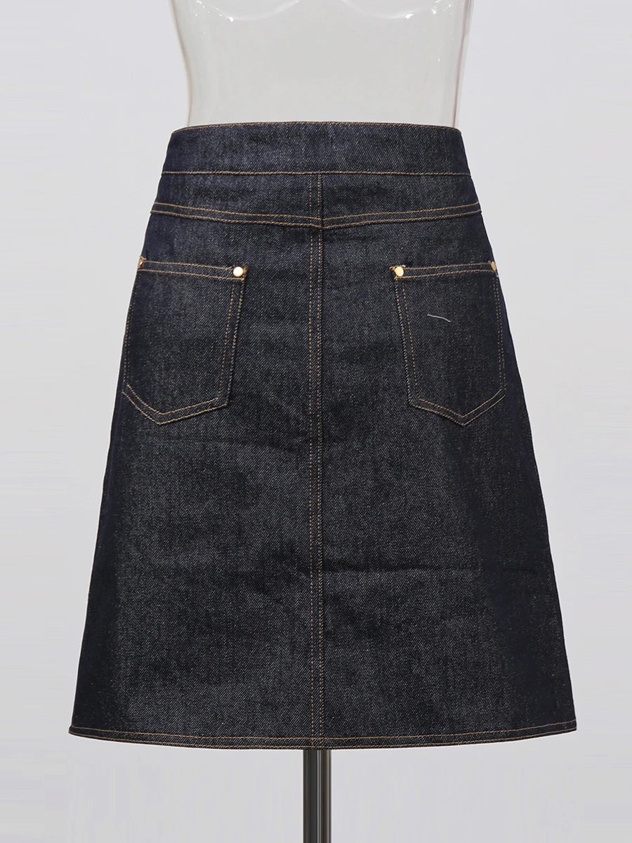 VGH Designer Solid Slimming Denim Skirts For Women High Waist Patchwork Button Spring Temperament Skirt Female Fashion Style New