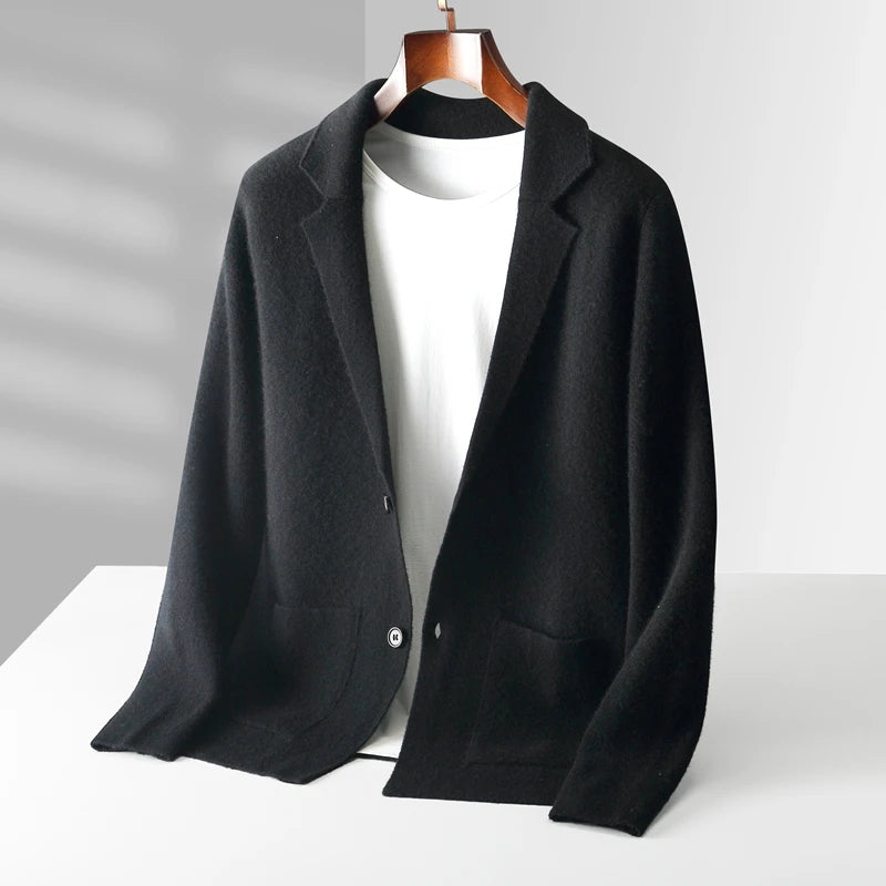 100% Pure Wool Cardigan Men's Spring And Autumn High-End Outerwear Sweater Casual Small Suit Jacket Olive Collar Sweater