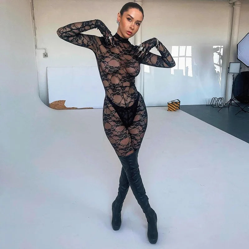 Mesh Sheer Hollow Out Long Sleeve Sexy See Through Skinny Exotic Jumpsuit Bodycon Summer Women Outfit Night Party with Gloves
