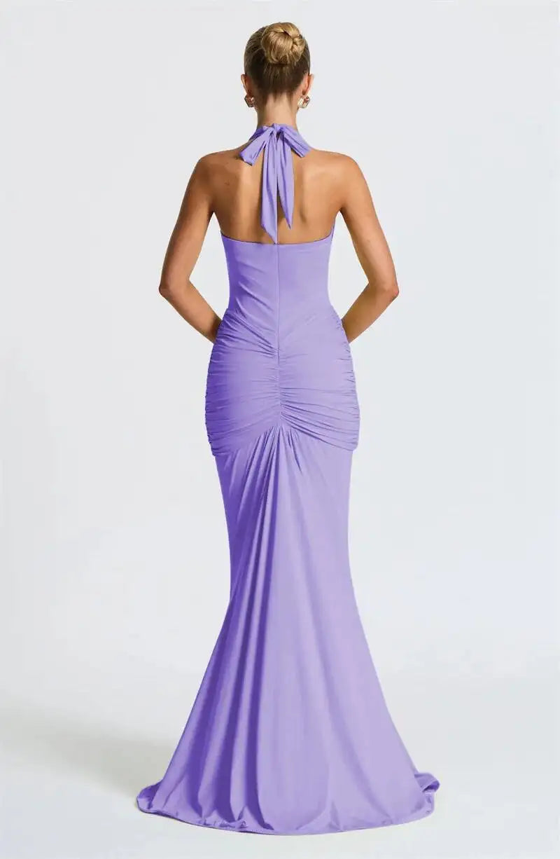Deep V Neck Draped Ruched Sexy Maxi Dress Women Summer Fashion Halter Sleeveless Backless Club Party Long Dress Elegant BM98