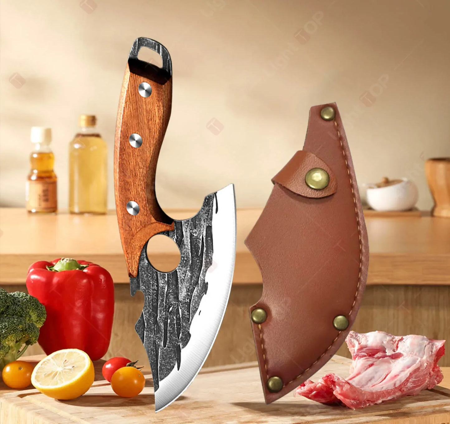 Kitchen Knife Supplies Forged Butcher Knife Fruit Slicing Bottle Opener Knife Multipurpose BBQ Cooking Chef Knife Wood Handle