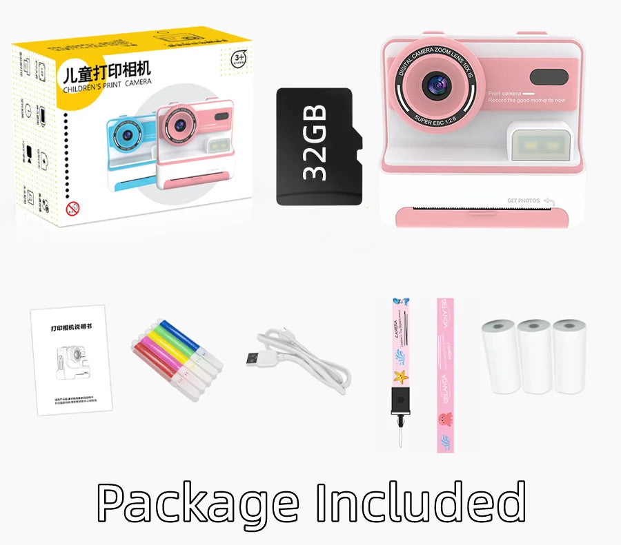Kids Instant Print Camera 1080P 48MP 2.4 Inch Screen 16X Zoom Children Camera Thermal Printer Portable Travel Selfie Camera Toy