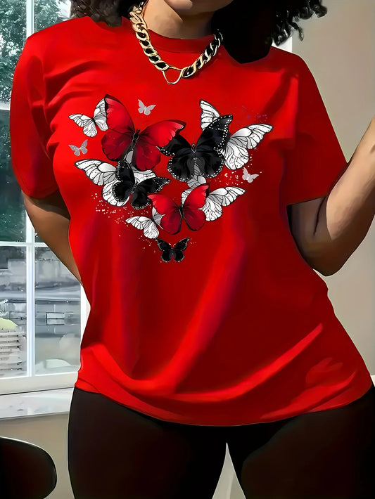 Women's Red Butterfly Heart Print T-Shirt Short Sleeve Round Neck Casual Top for Spring Summer & All-Season Wear