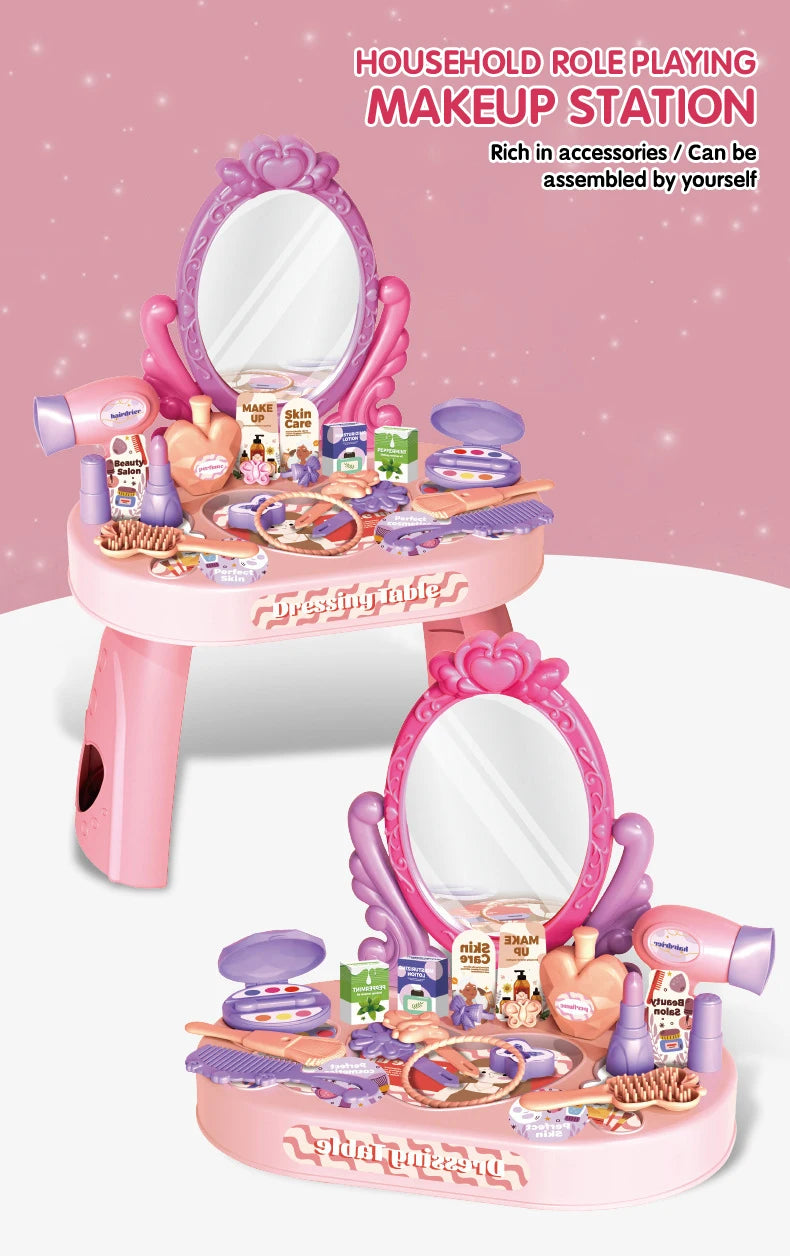 Children's Play house Toy Girl Simulated Dressing Table, DIY table and stickers, Girl pretending makeup toy gift for kid
