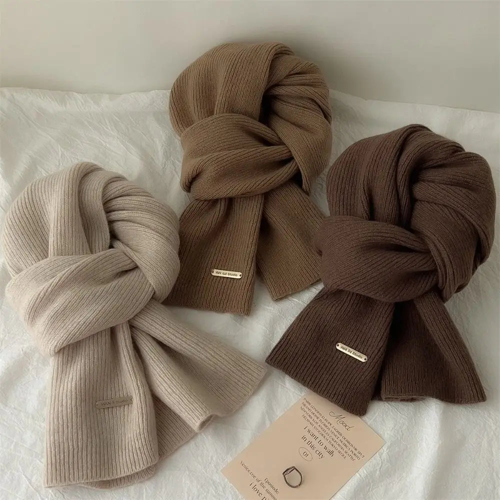 New Korean Style Thick Warm Metal Logo Long Scarf Winter Knitted Solid Color Womens Scarf