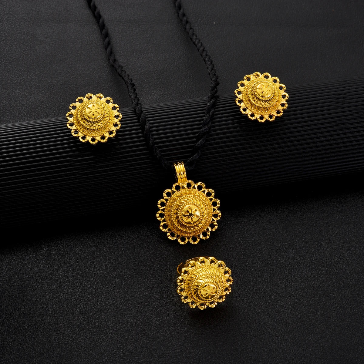 Gold Color Ethiopian Jewelry Sets Necklace Earrings Ring 3-piece Sets Dubai Wedding Bride Sets African Gifts #TZ048