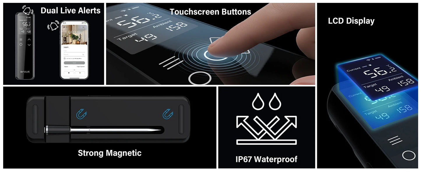 Meat Thermometer Wireless Bluetooth Probe with WiFi Unlimited Range Support APP Alarm Reminder for BBQ, Oven, Air Fryer