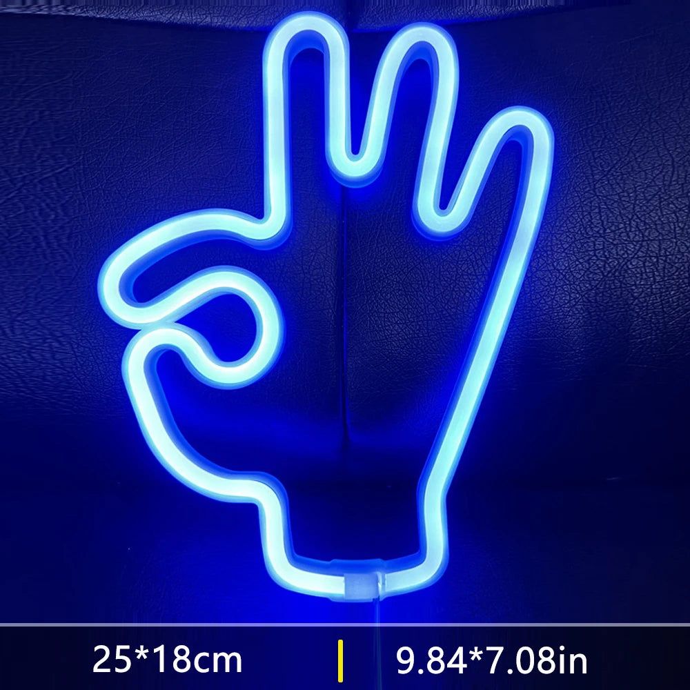Peace Hand LED Neon Sign Win Victory Gesture Finger Night Lamp OK Neon Lights Bedroom Living Room Wall Home Office Decor