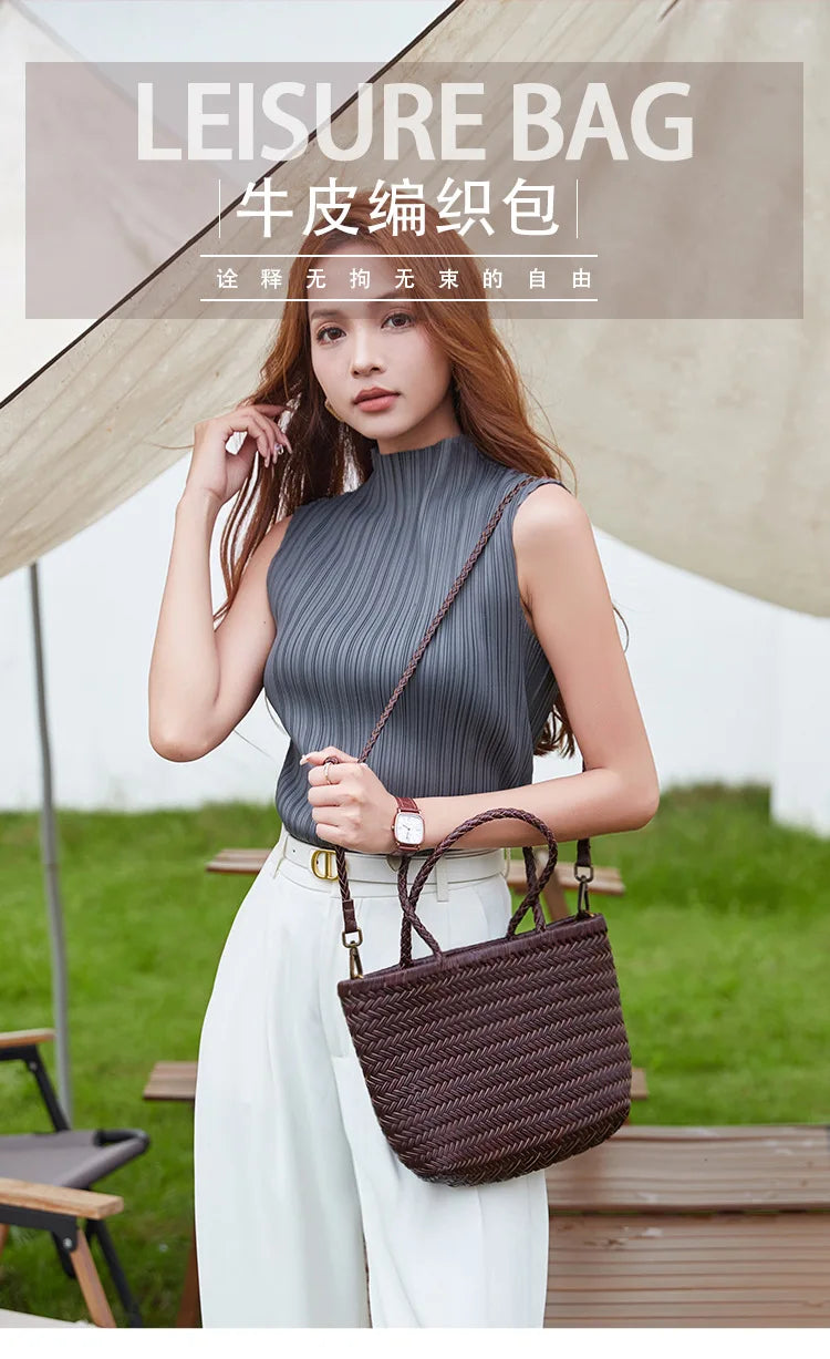 2026 spring new braid bag French basket bag Vintage Boho Gypsy Aztec Ibiza Genuine Leather Messenger Bag  female ins style