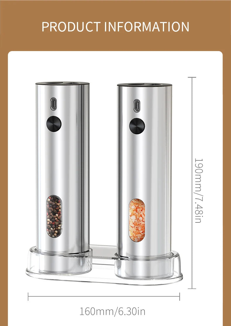 Rechargeable Electric Salt and Pepper Grinder Set Stainless Steel Pepper Mills Adjustable Coarseness Power Grinder Kitchen Tools