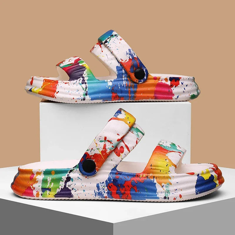 2024 New Thick-soled EVA Cave Shoes Women's Summer Wear Non-slip Beach Soft-soled Semi-Slippers Fashion Printed Sandals