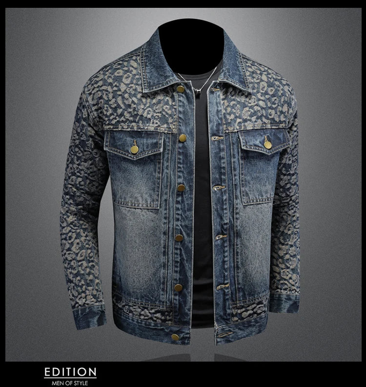 High Quality Jacquard Spliced Denim Jacket for Men Casual Business Social Denim Social Streetwear Jacket Outwear Coat 2025