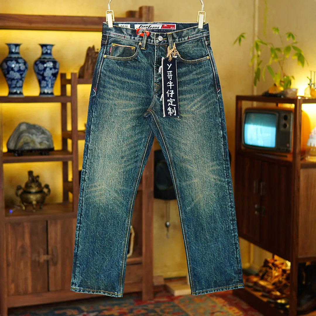 Heavyweight 25oz Red Selvedge Denim Jeans for Men American Vintage Casual 100% Pure Cotton Regular Straight Trousers 5KM Winter