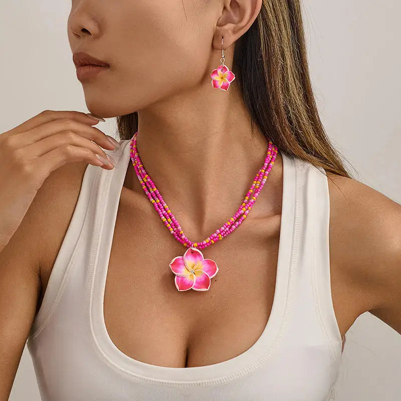 Egg Flower Earrings Necklaces Set Pendant Bohemia Flower Necklaces Earrings Drop Earrings Choker Vacation Style Jewelry Girl