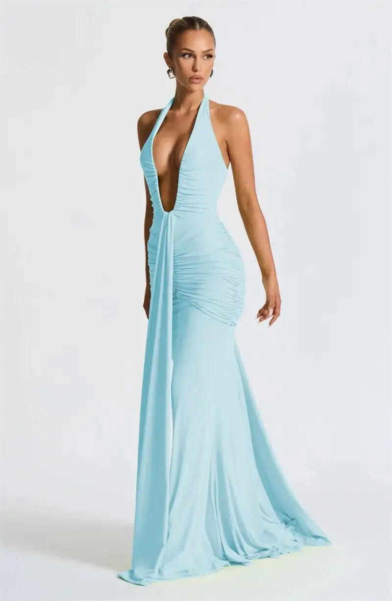 Deep V Neck Draped Ruched Sexy Maxi Dress Women Summer Fashion Halter Sleeveless Backless Club Party Long Dress Elegant BM98