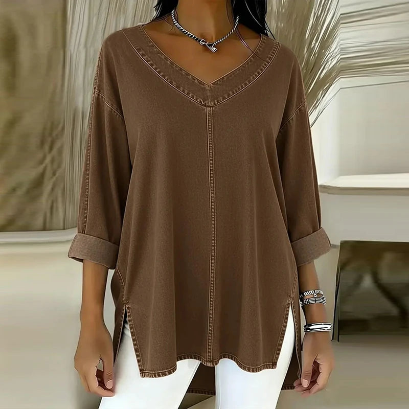 Fashion Denim Shirt Women Spring Autumn V Neck Long Sleeve T-Shirts Women Casual Loose Tee Pullover Tops Female Oversized Shirt