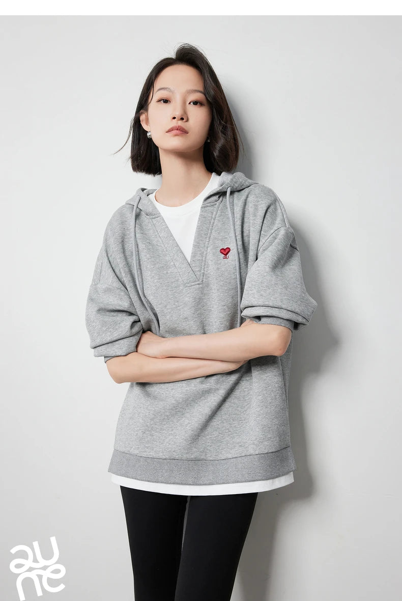 TOYOUTH Women Hoodies Sweatshirt 2024 Autumn New Heart Patter Embroidery Fake Two Piece Hooded Pullover Tops