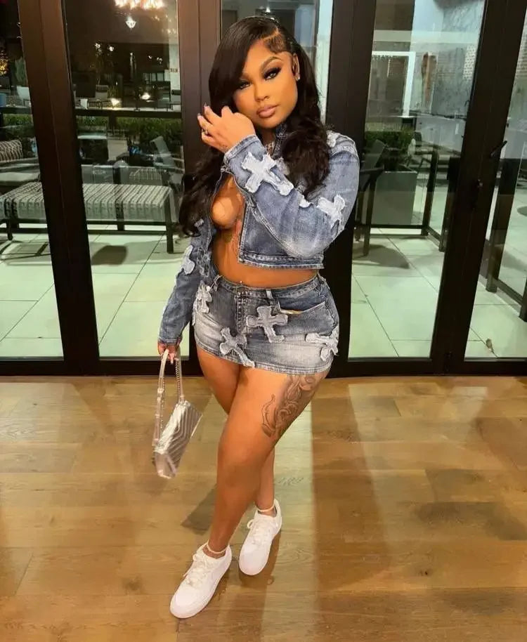 Spring New Denim Skirt Set F8505 Cross-Border Hot Sale Embroidered Short Skirt Jacket Set Cotton Knee-Length Women's Outfit