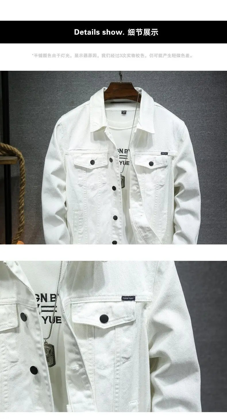 2024 Spring Men Solid Lapel Denim Jackets Fashion Motorcycle Jeans Jackets Hommes Slim Fit Cotton Casual Black White Coats