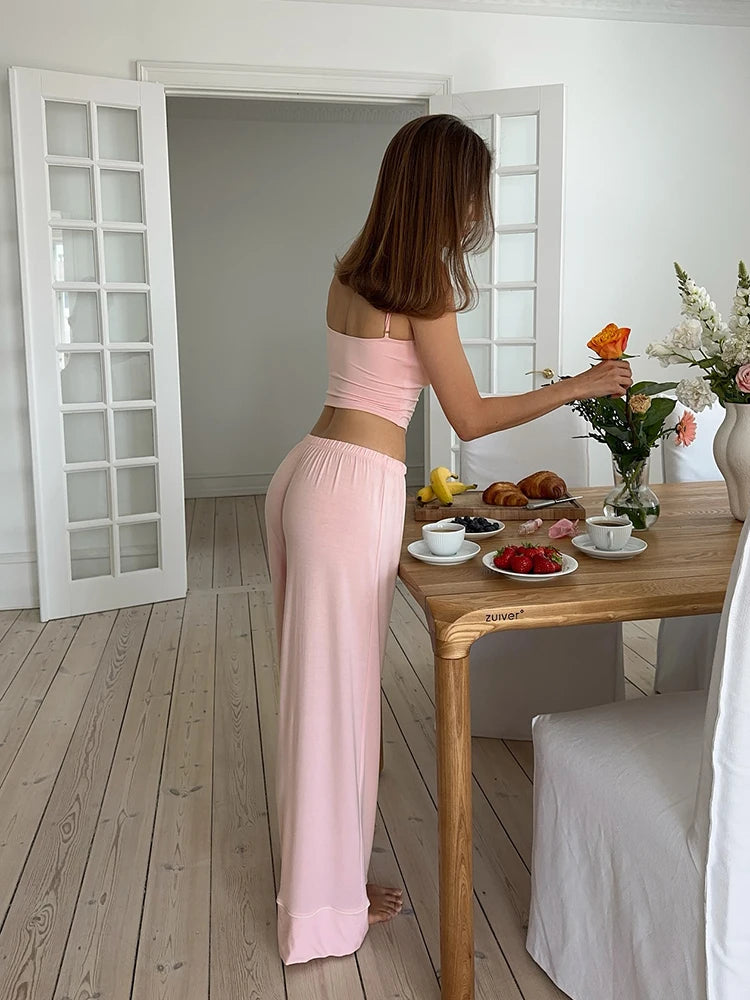 Hiloc Cute Woman Pink Spaghetti Strap Bow Top Suit Elastic Drawstring Floor-Length Pants Sets V-Neck Home Pullover Pajama Outfit