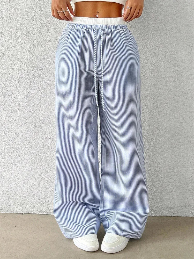 Casual Striped Woven Wide Leg Pants for Women Autumn Winter Casual Stylish Full Length Trousers Y2K Clothes Streetwear