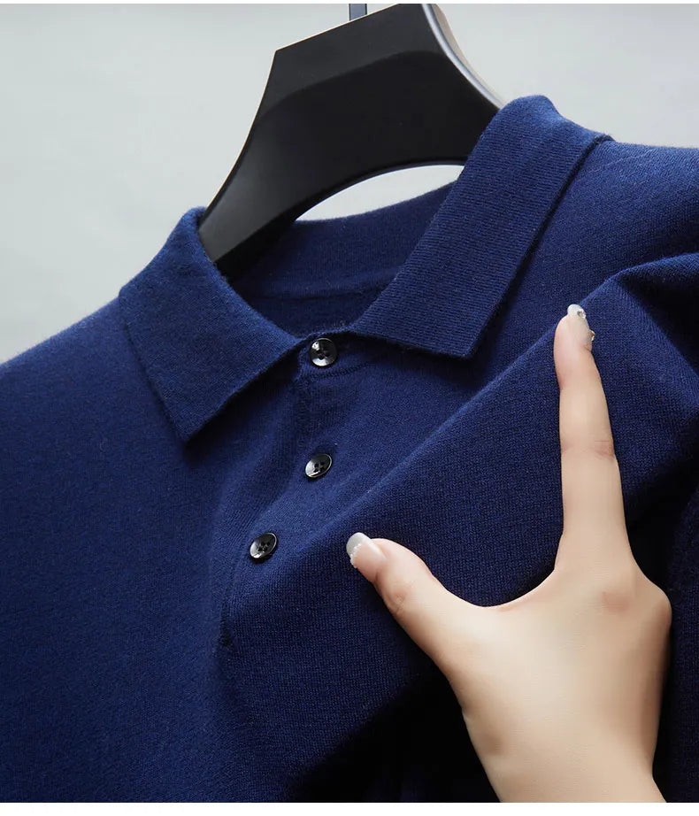 Men's Fine Wool Sweater Polo Collar Pullover Spring Autumn New Cashmere Knitwear Smart Casual Loose Men's Shirts Warm Soft Tops