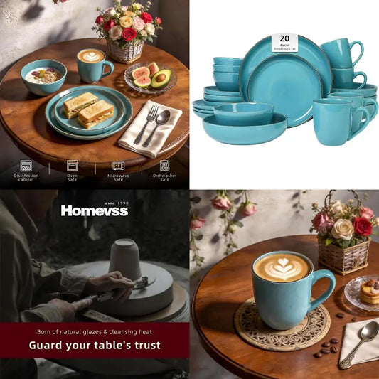 20-Piece Euro-Nordic Dinnerware Set in Shiny Turquoise with Speckled Glaze