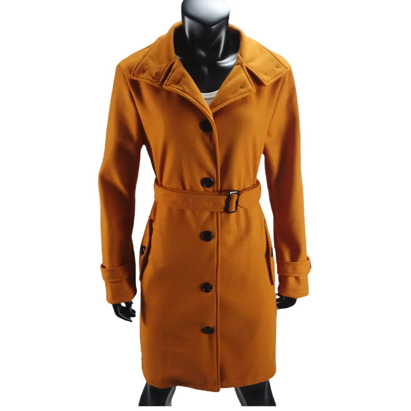Women's Wool Blend Coat Winter Warm Single Breasted Jacket with Turn-down Collar Long Outerwear Female Clothing