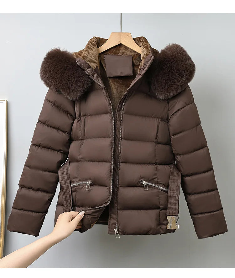 Winter Large Fur Coat Women With Belt Hooded Fur Collar Puffer Jacket Women New Warm Loose Parka Ladies Cotton Padded Overwear