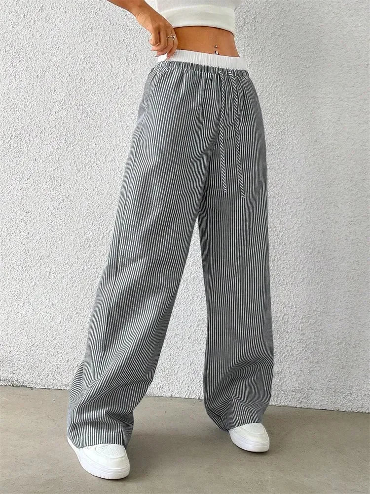 Casual Striped Woven Wide Leg Pants for Women Autumn Winter Casual Stylish Full Length Trousers Y2K Clothes Streetwear