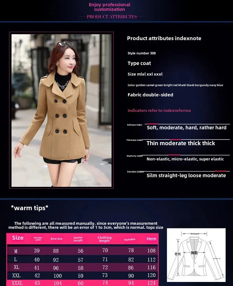 Spring Autumn Women's Slim Fit Short Double Breasted Woolen Coat Thickened Korean Style Fashionable Outerwear