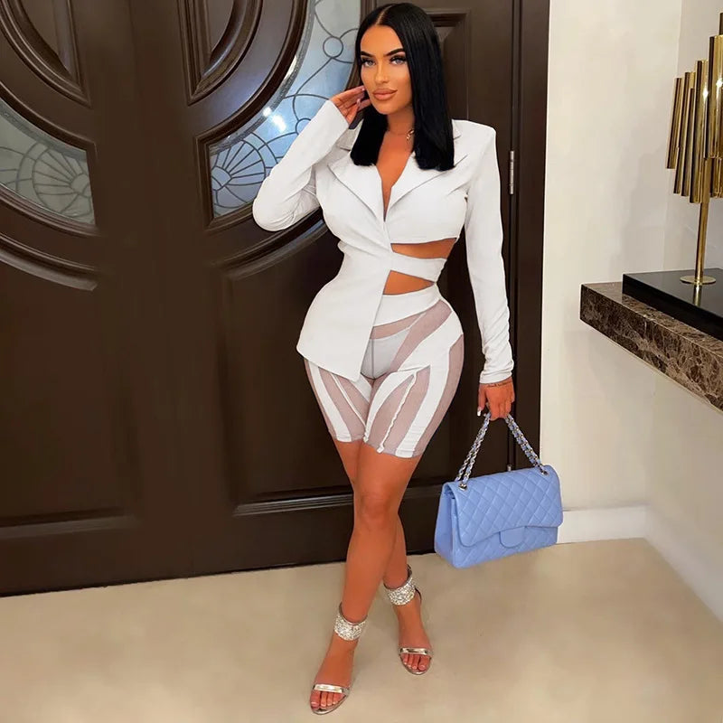 ANJAMANOR Two Piece Club Outfits Women Sexy Asymmetric Blazer and Mesh Shorts Leggings Matching Sets Fall 2023 D58-ED25